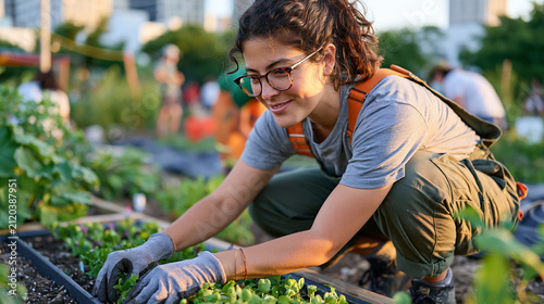 Single professional urban gardening teacher crouches by candlelight in a community kitchen garden, planting seedlings in a raised bed, evening urban agriculture instruction, food sovereignty educato