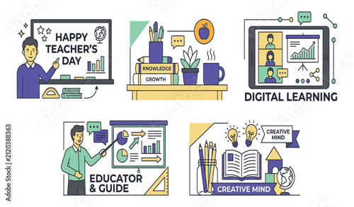 Digital learning and educator classroom teaching graphic set with education