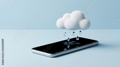 Cloud raining on smartphone screen in minimalist design with pastel colors