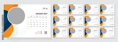 Clean desk calendar 2027 design. 2027 desk calendar design template. Professional and minimal layout. Clean and modern style. Week start on Sunday.