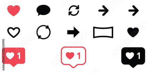 Title 1: Social media engagement icons featuring heart, like, speech bubble, comment, repost, share, and save symbols in modern vector style.