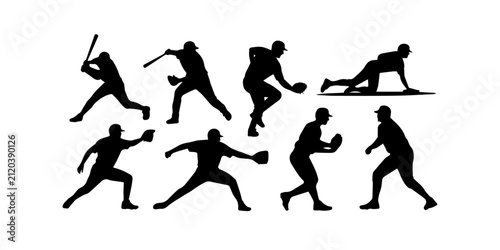 Принти на полотні Baseball player silhouettes collection, pitcher batter catcher runner fielder ic