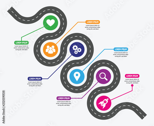 Roadmap Timeline Infographic with Colorful Milestone Icons and Curved Road Path.