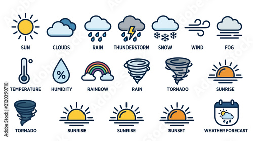 Weather forecast icons set with sun clouds rain thunderstorm snow wind fog and temperature symbols.