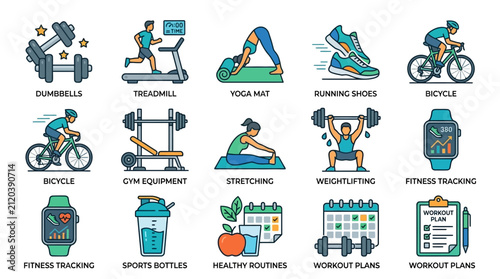 Fitness and healthy lifestyle icons set featuring gym equipment yoga and sports activity tracking.