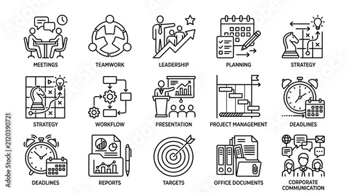 Business management and office work icons set illustration collection in outline style designs.