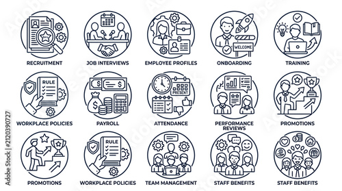 Human resources and business management icons set illustration collection in outline style designs.