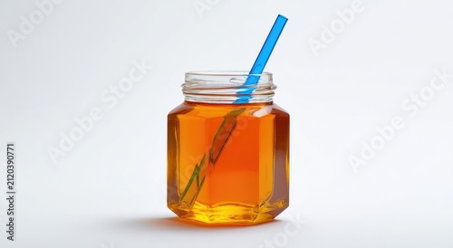 Amber liquid in faceted jar with blue straw against white background