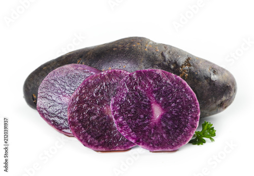 Fotografie Fresh Purple Potatoes from Qinghai China with Anthocyanin-Rich Violet Flesh and