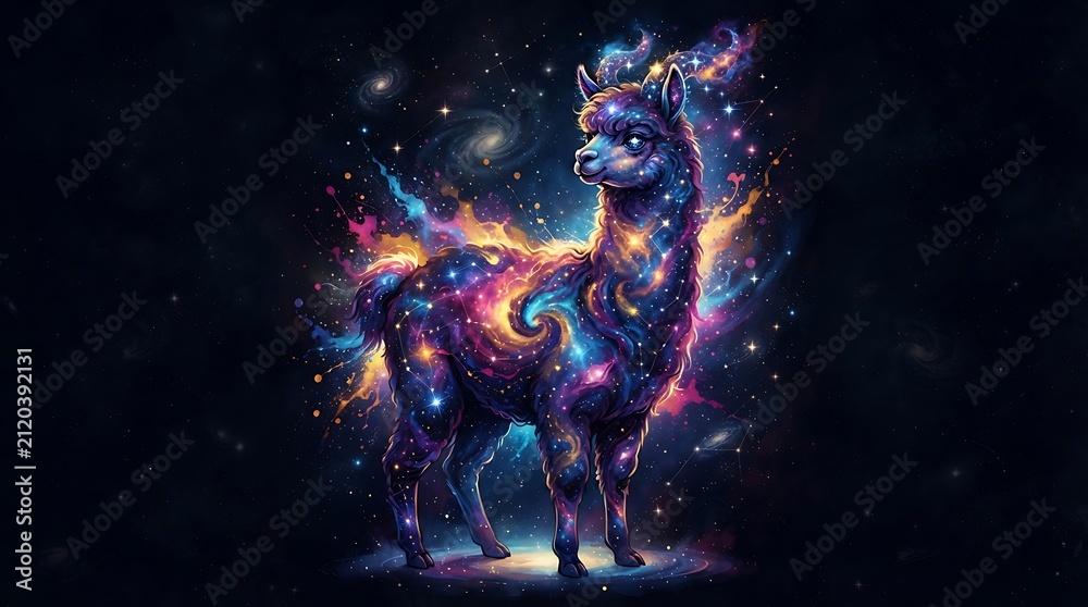 Fototapeta premium A magical alpaca standing in the middle of a vibrant glowing galaxy.