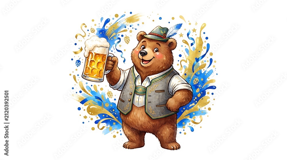 Naklejka premium Cute cartoon bear wearing traditional Bavarian clothing holding a large glass of beer for Oktoberfest celebration.