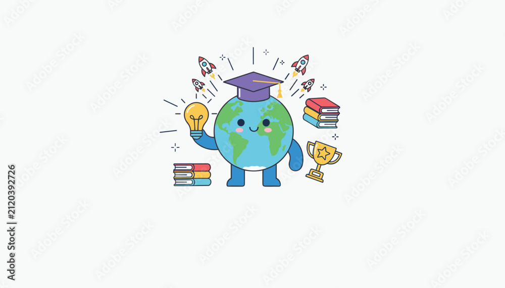 Naklejka premium Cute character of the planet earth wearing a graduation cap holds a light bulb surrounded by school books, a trophy, and rockets.