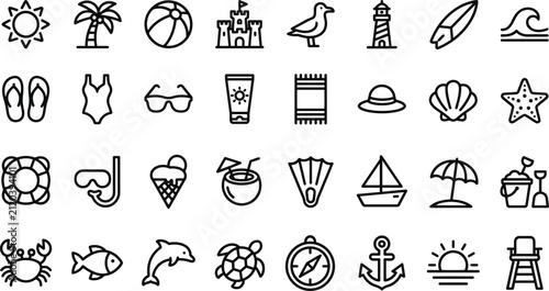 Set of black and white summer beach icons representing vacation activities travel items and marine life elements