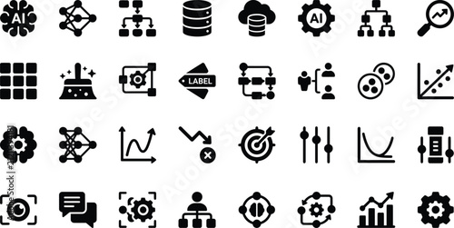 Set of black and white icons representing artificial intelligence machine learning data analysis and digital technology concepts