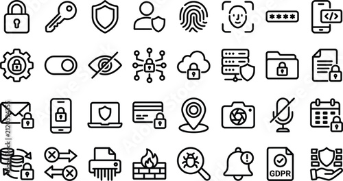 Set of thin line icons representing digital security cyber protection privacy data safety and internet network defense systems
