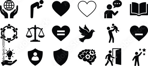 Set of black and white social and human rights icons representing equality peace justice and community values