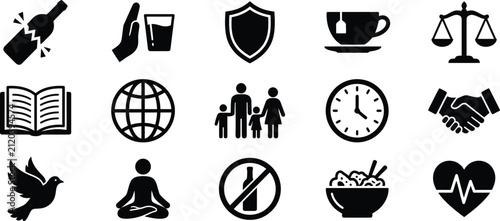 Set of diverse black silhouette icons representing various lifestyle concepts social themes and common daily activities isolated