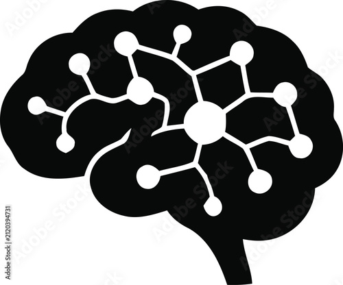 A black silhouette of a human brain featuring a white connected network of nodes representing artificial intelligence concepts
