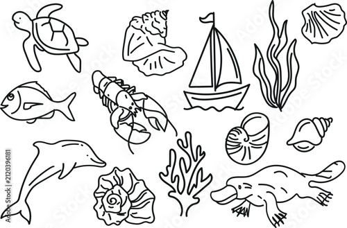 Hand Drawn Marine Life and Nautical Ocean Doodle Collection
