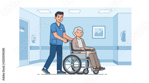 Foto Nurse assisting elderly patient in wheelchair in hospital corridor