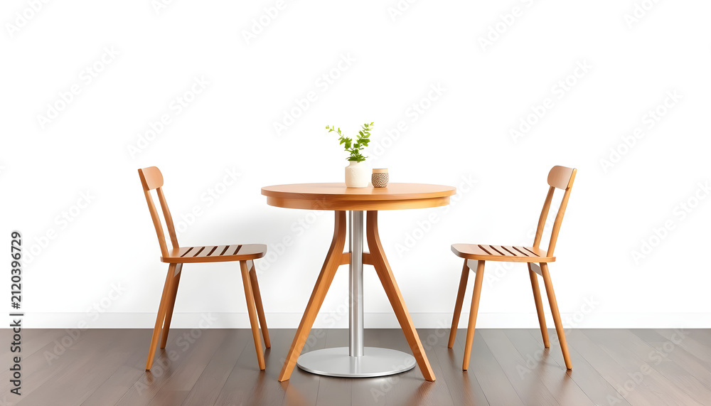 Fototapeta premium Minimalist white and light wood round Bistro dining table with a slim central chrome pedestal base, two wooden chairs, small vase with green stem on top, white studio background.