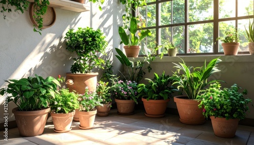 Lush Potted Houseplants Arranged in Sunlit Indoor Garden Room
