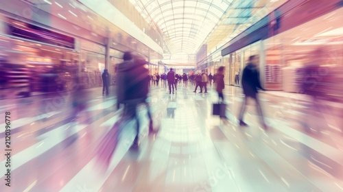 Blurred motion of shoppers walking through a modern shopping center with glass roof and retail stores visible in the background