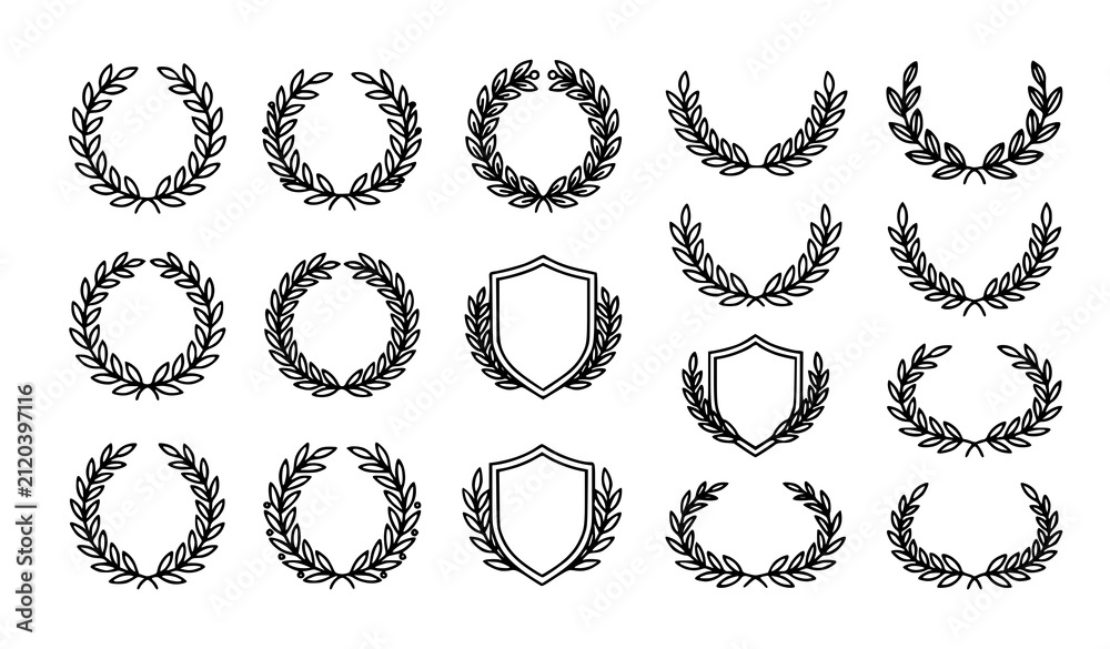 Fototapeta premium Minimal Monoline Laurel Wreath Collection Vector with Modern Botanical Emblems Isolated on White Background