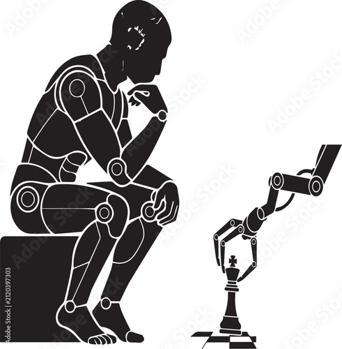 Artificial Intelligence Vector Illustration - Robot Thinker and Robotic Arm Strategy Concept Isolated on White Background