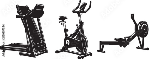 Cardio Gym Equipment Vector Icon Set - Treadmill, Stationary Exercise Bike, and Rowing Machine Symbols Isolated on White Background