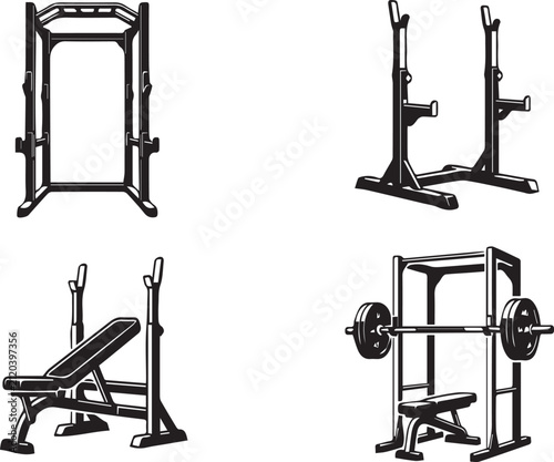Strength Training Gym Equipment Vector Icon Set - Power Rack, Squat Stand, Weight Bench, and Barbell Station Symbols Isolated on White Background