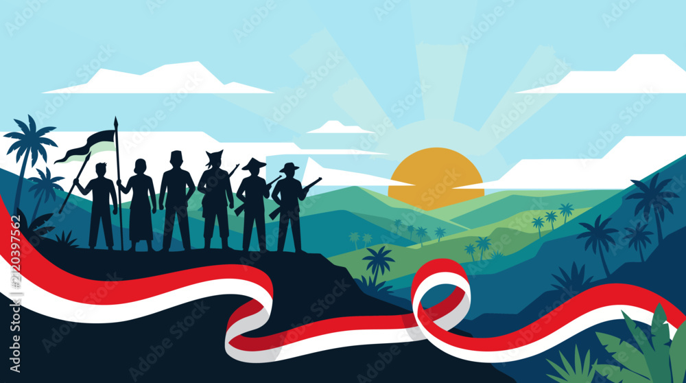 Naklejka premium Indonesian Heroes Silhouette on Mountain Sunrise Background with Red White Ribbon Vector Illustration