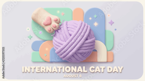 Cute cat paw touching purple yarn ball graphic design for international cat day celebration with background pastel geometric geometric shapes glowing