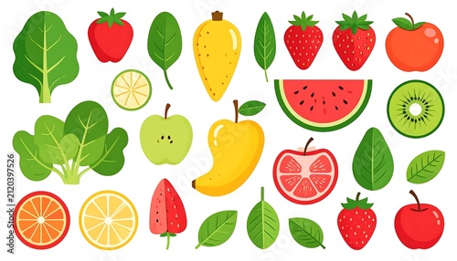 Assorted fresh fruits and vegetables on white background.