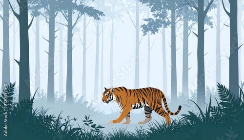 Majestic Bengal Tiger Walking Through Misty Forest with Tall Trees
