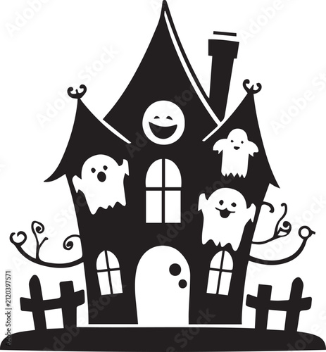 Фотография A spooky haunted house silhouette decorated with playful ghosts and ghoulish faces, creating a festive and eerie atmosphere perfect for Halloween celebrations