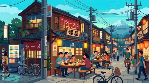 Japanese street scene with ramen shops and people dining outdoors