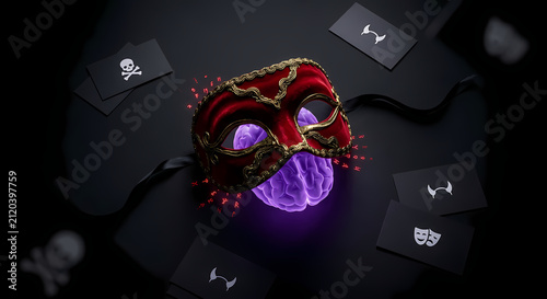 Roleplay jailbreak dark photo, red Venetian carnival mask over glowing purple brain, persona disguise bypass LLM safety guardrails concept