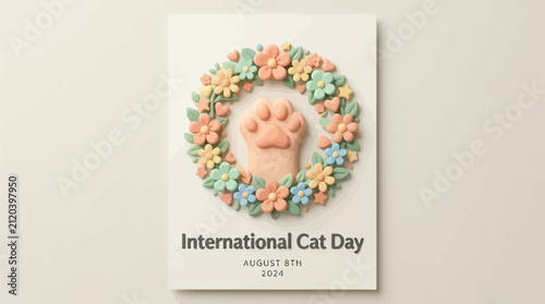 Floral wreath decorative card featuring central animal paw print motif for annual celebration observance with toned illustration central surrounded delicate wreath