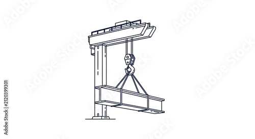 Gantry crane lifting steel beam at construction site.