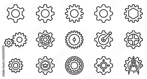 Vector Line Icon Set Illustrating Various Gears, Cogwheels, Settings, Machinery, Engineering, Development, Crown, Compass, and Mechanical Symbols