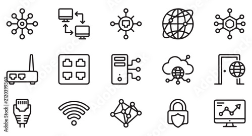 Vector Line Icon Set Illustrating Network Connectivity, Global Communication, Server Infrastructure, Wi-Fi Signal, Ethernet Cable, Cloud, and Data Analytics