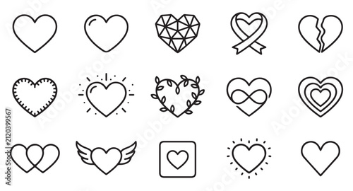 Vector Line Icon Set Illustrating Diverse Heart Shapes, Love, Broken Heart, Infinity, Geometric, Wings, Ribbon, and Valentine's Day Concepts