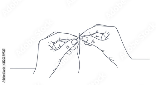 Hands threading a needle line art drawing.