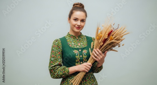 Young woman holding a dried flower bouquet. Female florist posing with rustic floral decor.