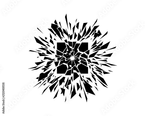 Silhouette of shattered glass explosion on white background