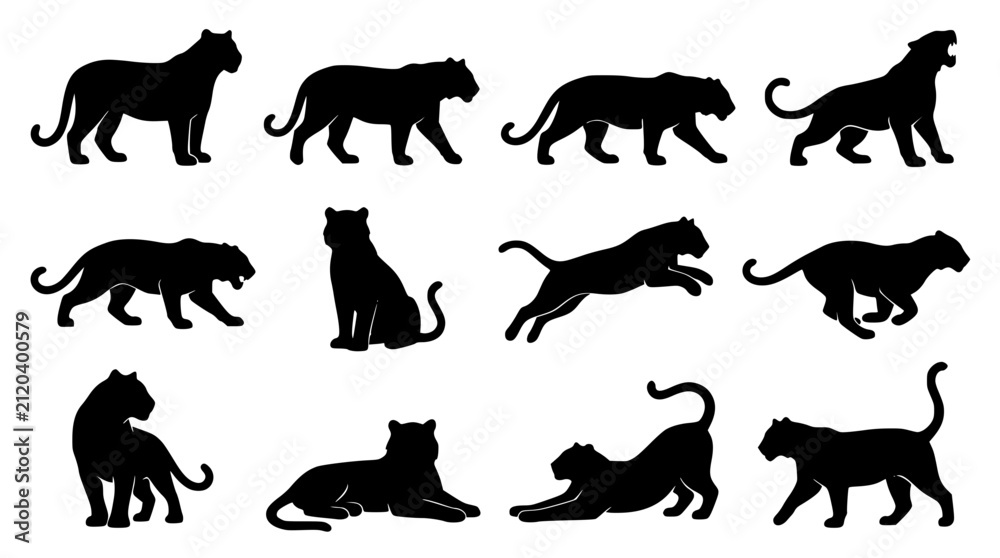 Obraz premium Wild Tiger and Panther Silhouette Icon Set with Jumper Stalker and Prowling Big Cat Predator Symbols for Sports Mascot Branding