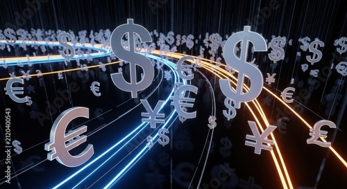 Digital finance and cryptocurrency symbols in motion. Financial technology and blockchain concepts.