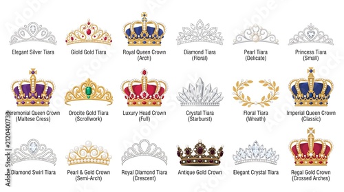 Collection of various royal crowns and elegant tiaras with intricate designs isolated on white background