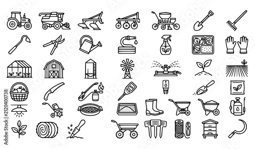 Foto Agricultural Machinery and Gardening Tools Editable Outline Icon Pack with Farm
